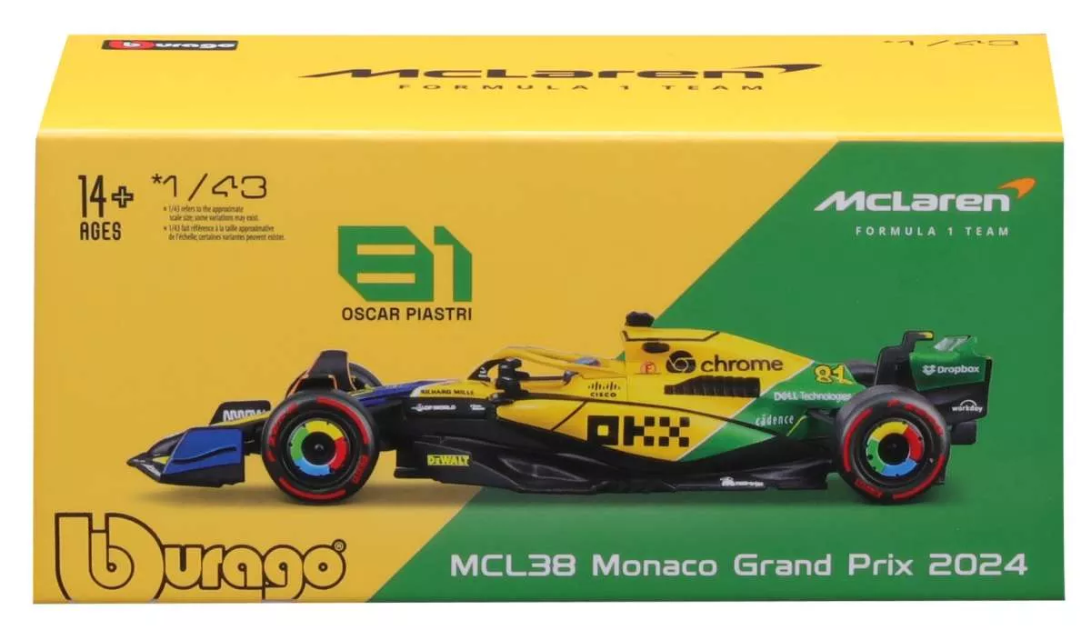 Burago 1838215-81SE 1:43 McLaren38 Gp Monaco 2024 E. Piastri. Boîtier type vitrine