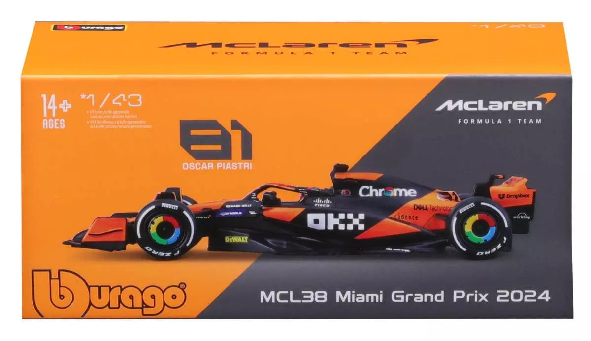 Burago 1838215-81 1:43 McLaren38 Gp Miami 2024 O.Piastri. Boîtier type vitrine
