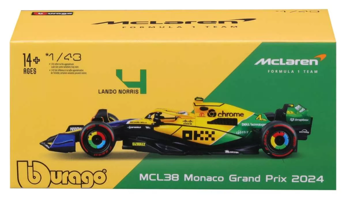 Burago 1838215-4SE 1:43 McLaren38 Gp Monaco 2024 L. Noris. Boîtier type vitrine