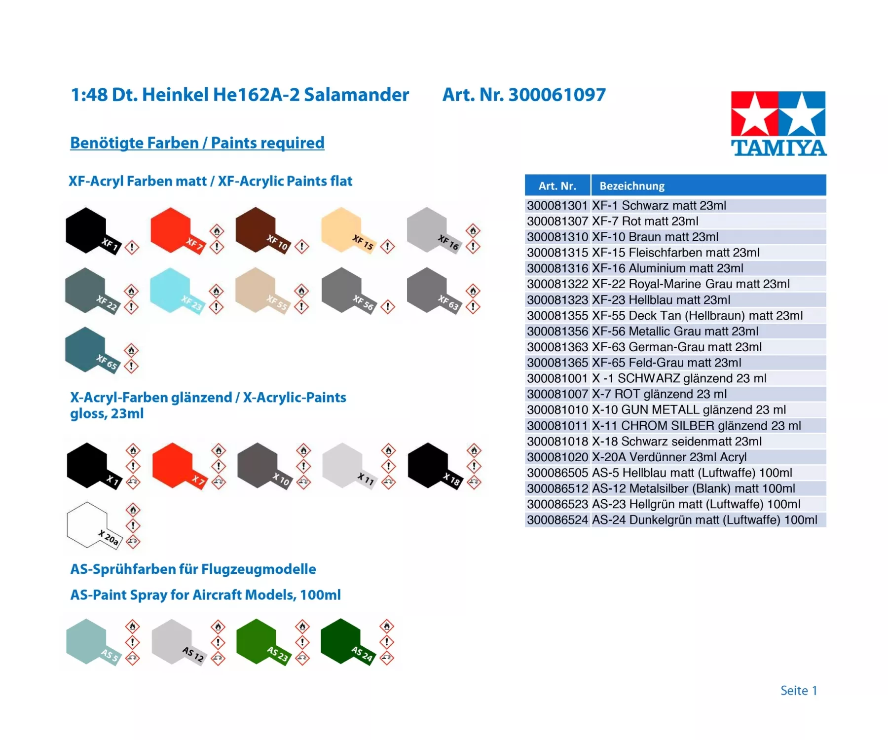 Tamiya 61097 1:48 Heinkel He 162 A2 Salamander