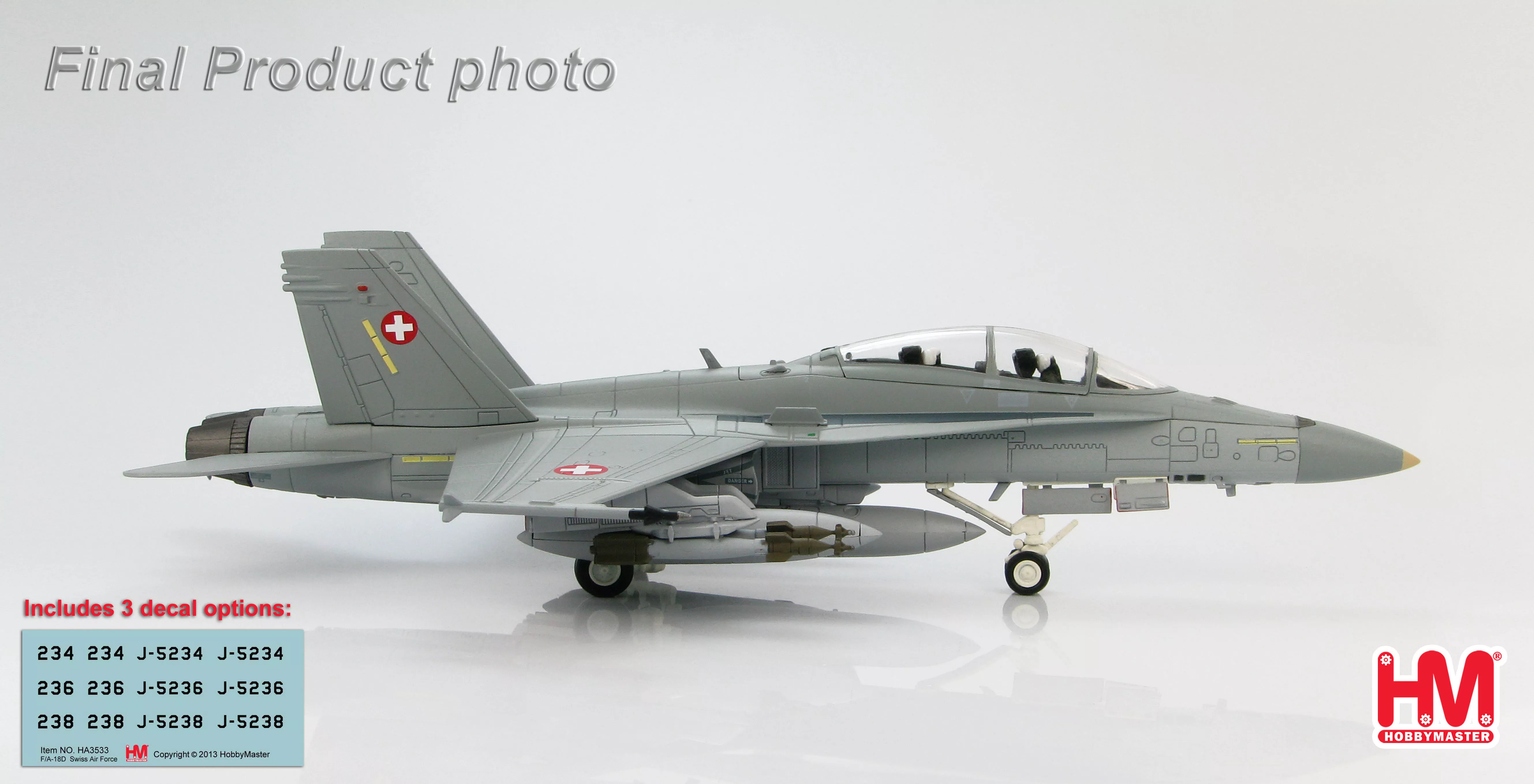 Hobbymaster HA3533 1:72 F-A 18 D Swiss Air Force im. J-5334, 5236, 5238 en décalc.