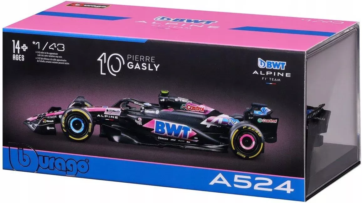Burago 1838220-10 1:43 Alpine F1 A524 2024 P. Gasly. Boîtier type vitrine